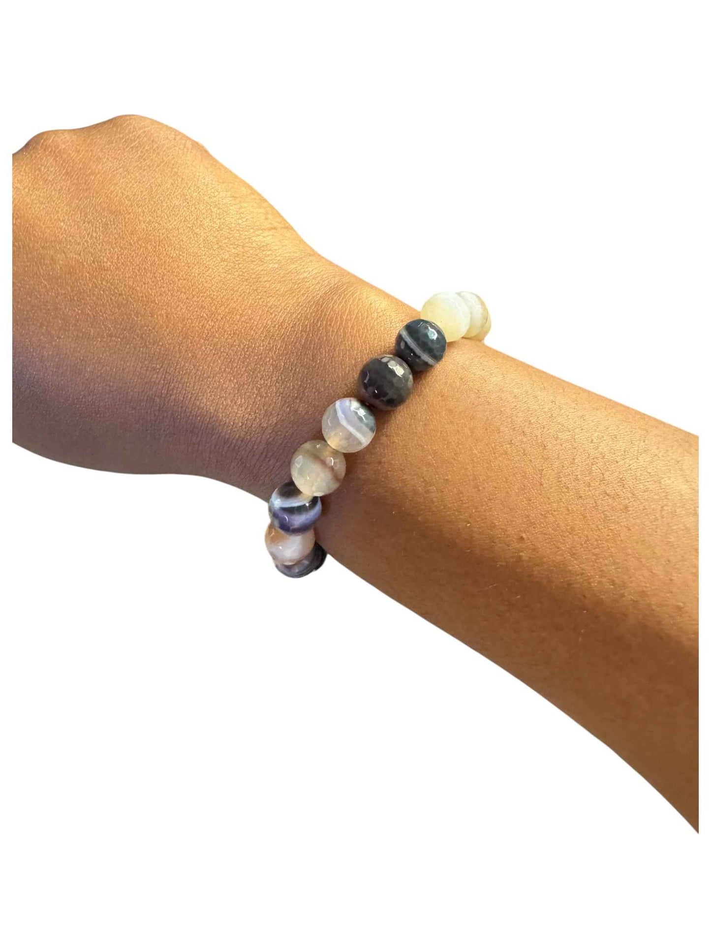 HerEdits™ Neutral Agate Bracelet – Grey & Cream Banded Stone Beads