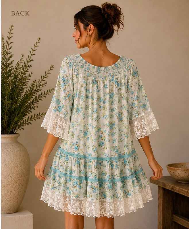 Sumitra Cotton Floral Lace Trim Boho Dress | HerEdits