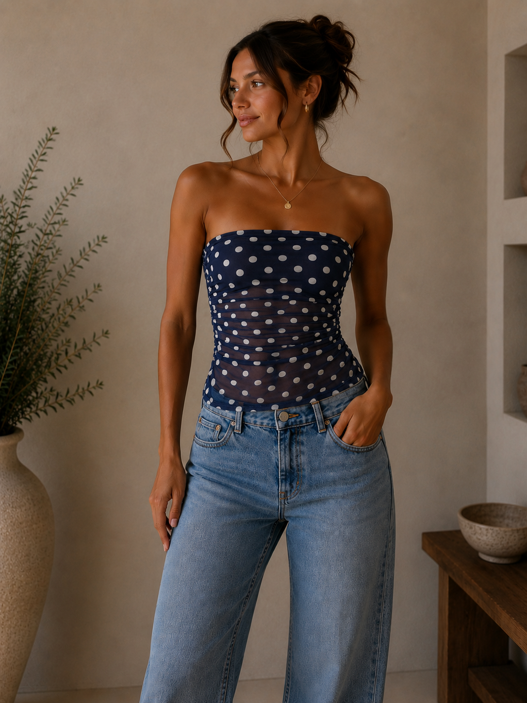 Polka Dot Ruched Mesh Boobtube - HerEdits