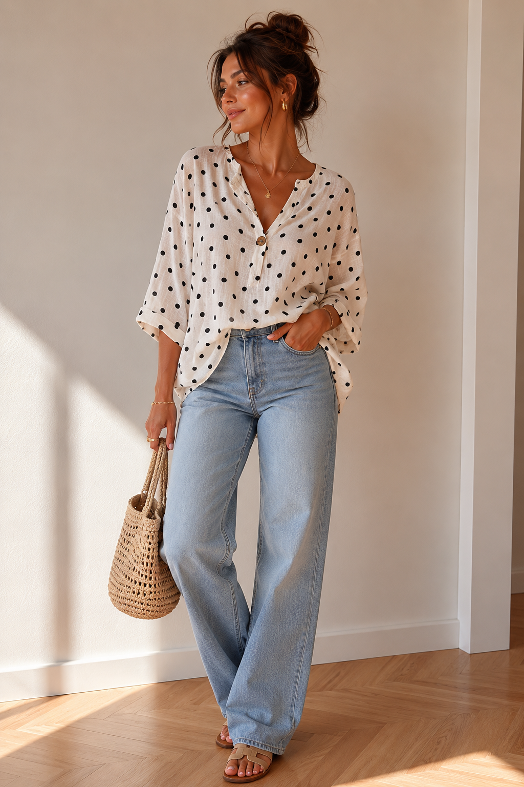 Polka Dot Button Front Top