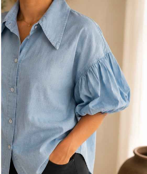 Puff Sleeve Denim Blouse | HerEdits