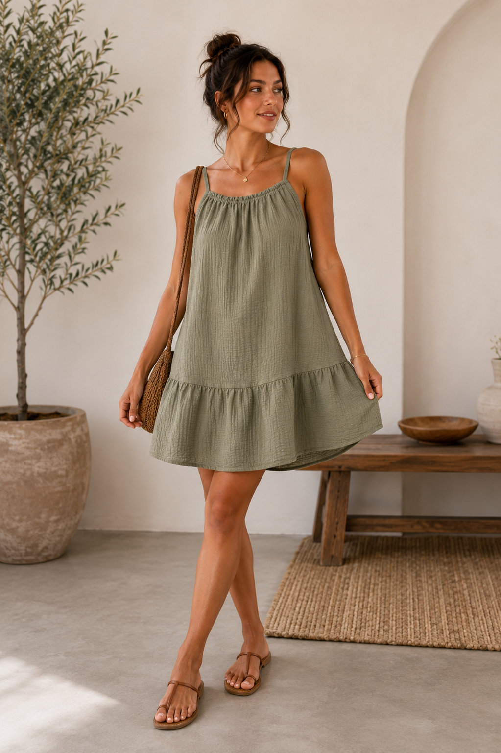 A woman wearing a light sage green tiered sleeveless dress with thin shoulder straps, standing in a bright, modern room with a potted plant and wooden bench.