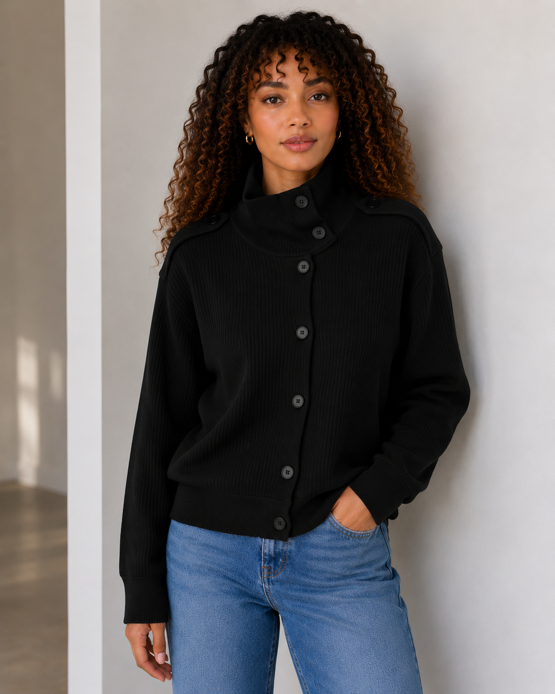 A woman with curly brown hair wearing a black ribbed mock-neck button-up cardigan and blue jeans, standing against a light gray wall.