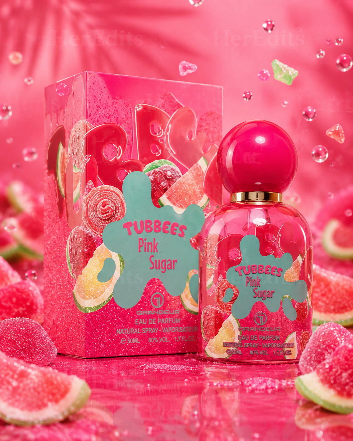 Tubbee's Pink Sugar Eau de Parfum bottle and its matching pink packaging box, both decorated with pink gummy candies, watermelon slices, and a teal bee graphic, set against a glossy pink background with floating candy and water droplets.