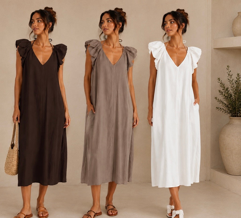 Ruched Shoulder Midi Dress