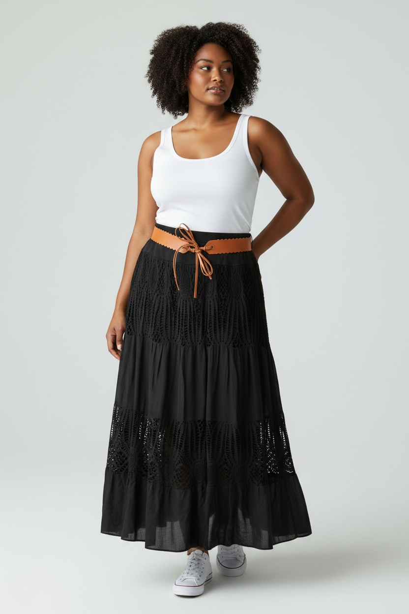 Crochet Panel Boho Midi Skirt