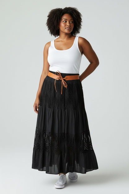 Crochet Panel Boho Midi Skirt