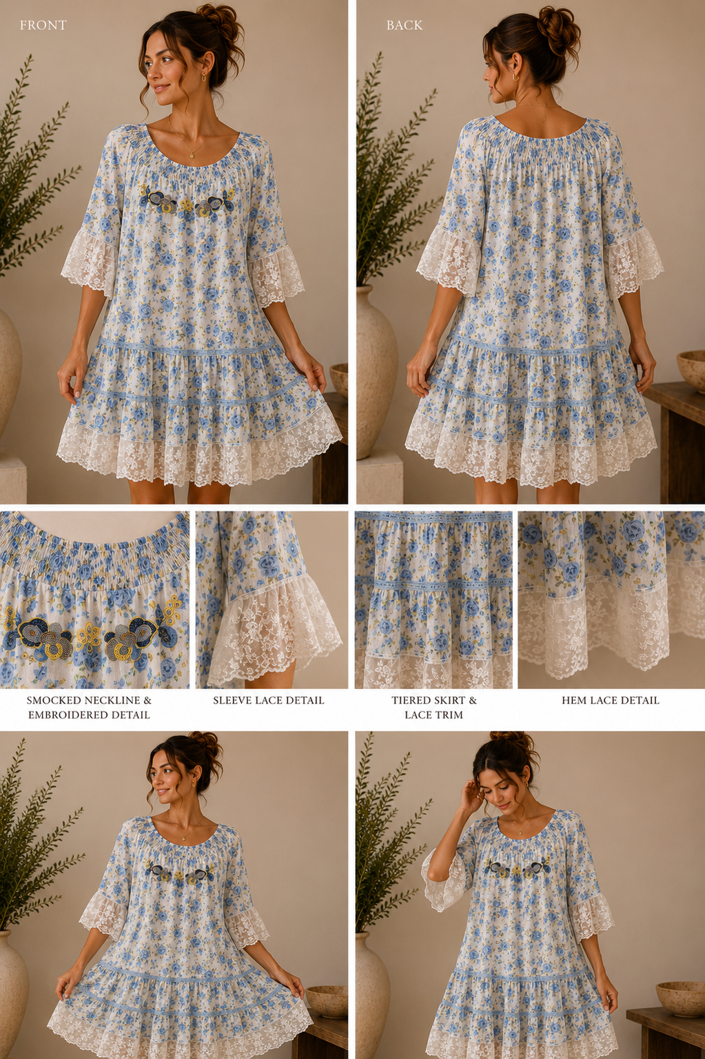 Sumitra Cotton Floral Lace Trim Boho Dress | HerEdits