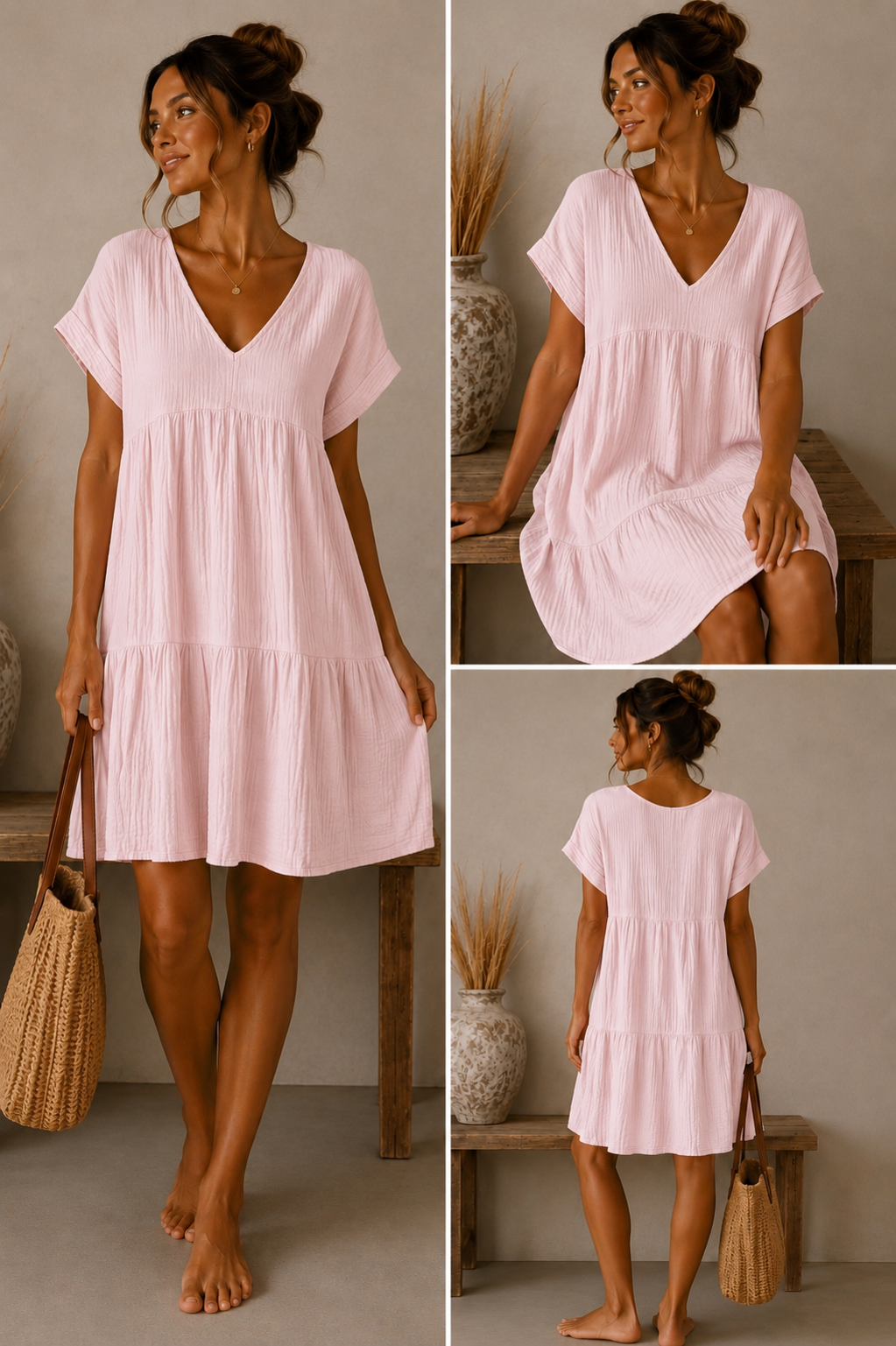 Relaxed Fit Cheesecloth Tiered Smock Dress
