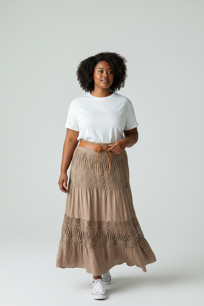 Crochet Panel Boho Midi Skirt