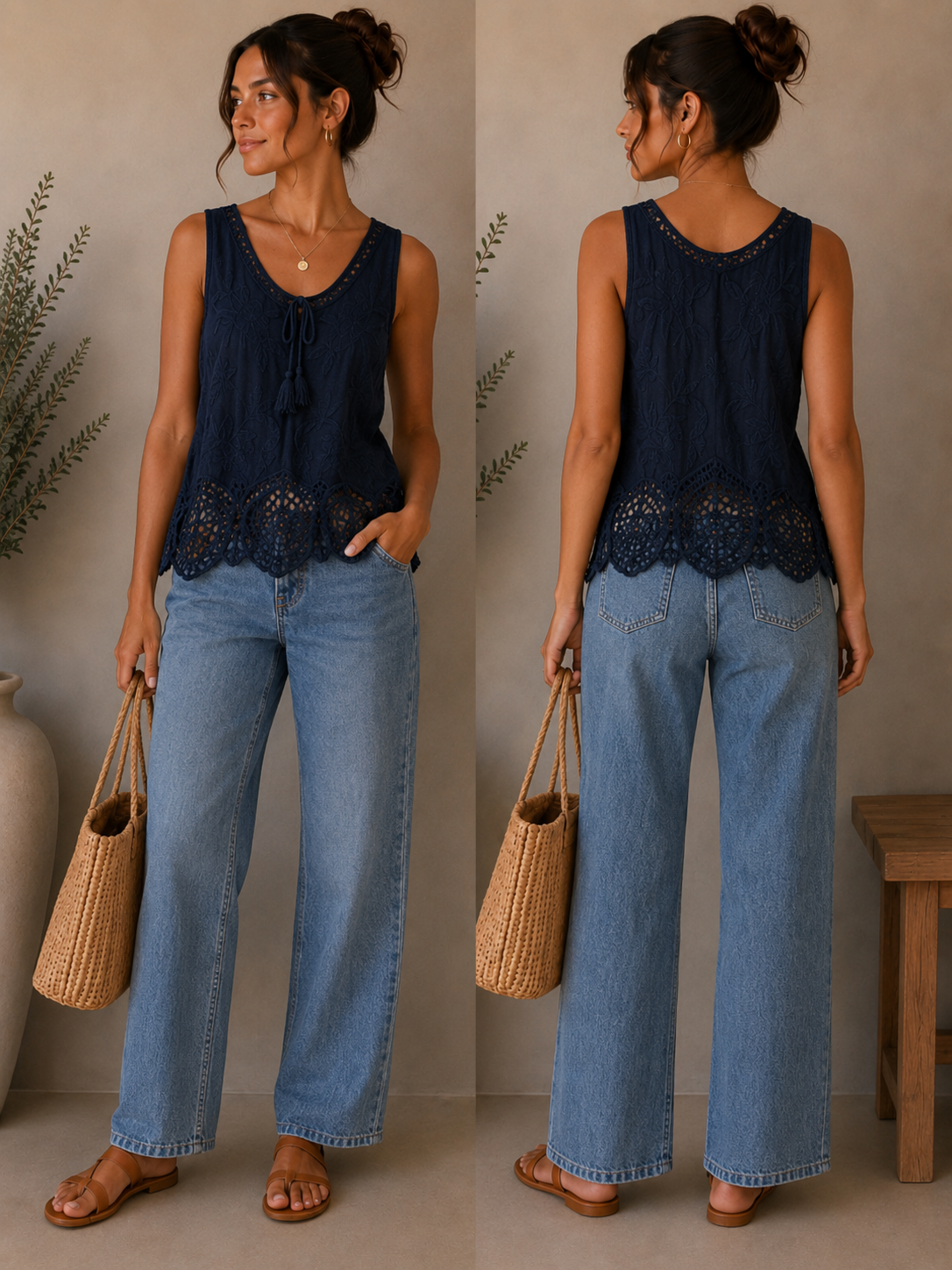 Crochet Panel Embroidered Vest Top