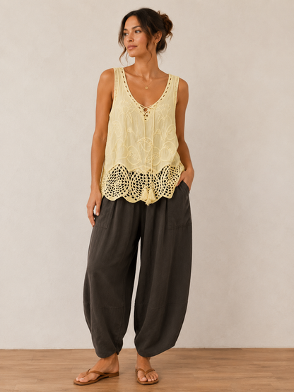 Crochet Panel Embroidered Vest Top