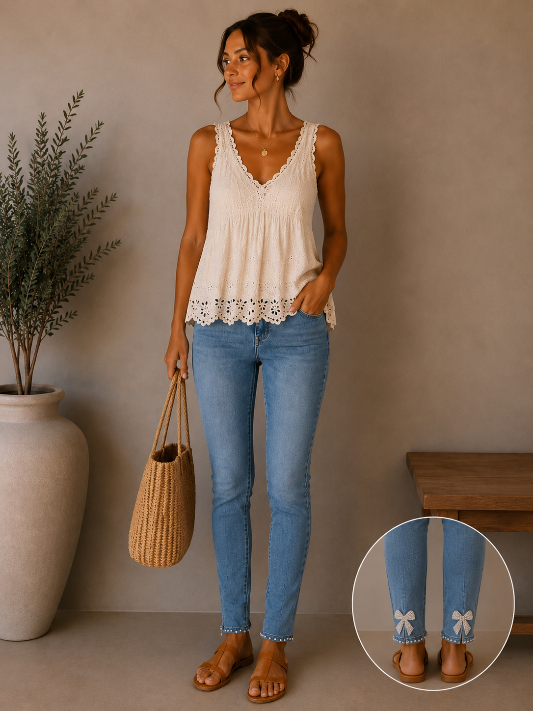 Pearl Bow Skinny Jeans | Stretch Embellished Denim | HerEdits