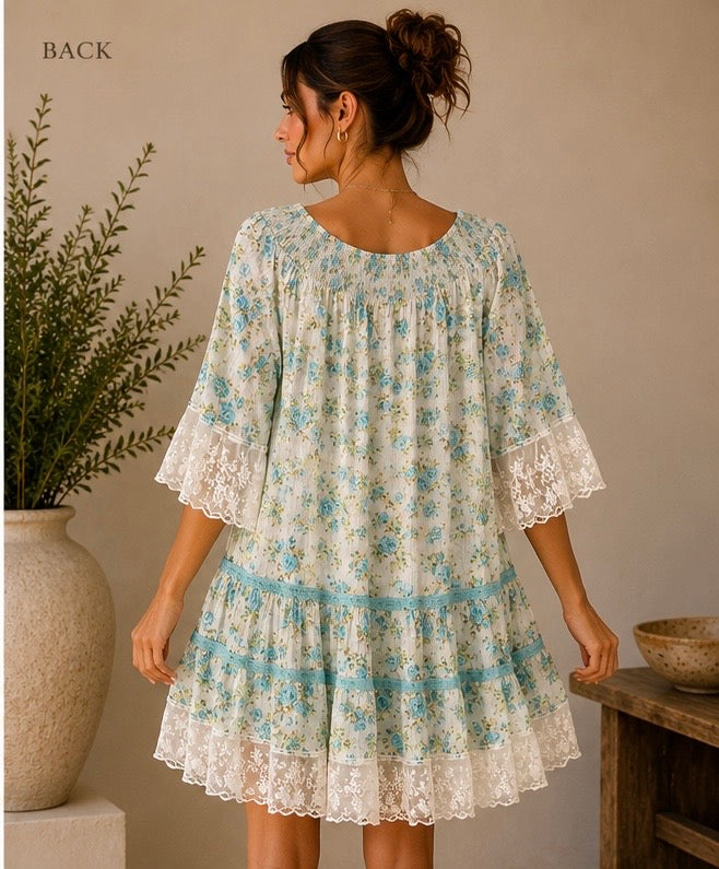 Sumitra Cotton Floral Lace Trim Boho Dress | HerEdits