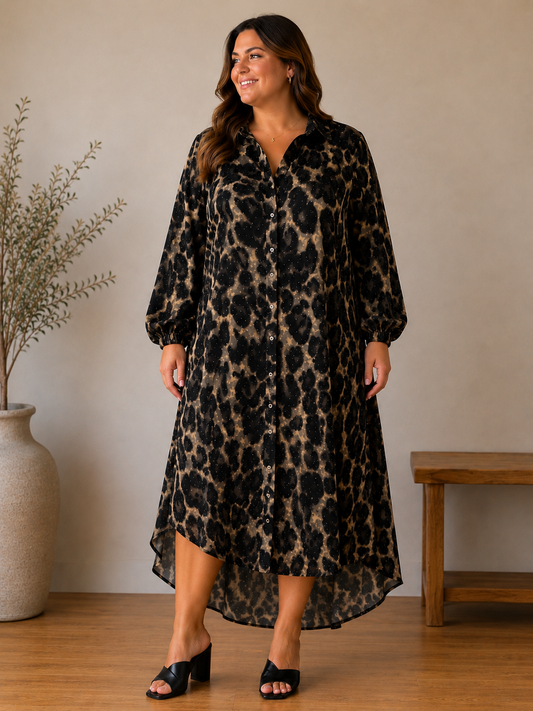 Shimmer Leopard Print Shirt Dress