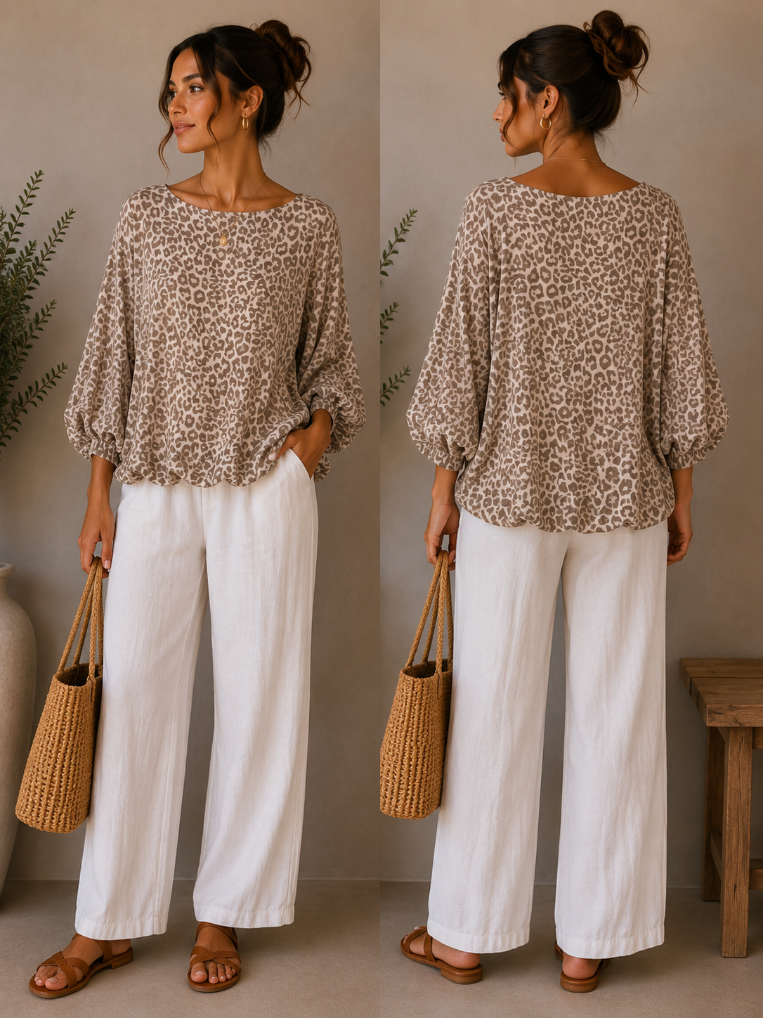 Leopard Print Balloon Sleeve Bubble Hem Top
