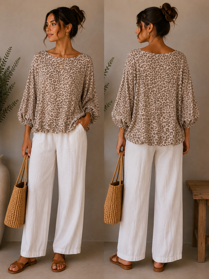 Leopard Print Balloon Sleeve Bubble Hem Top