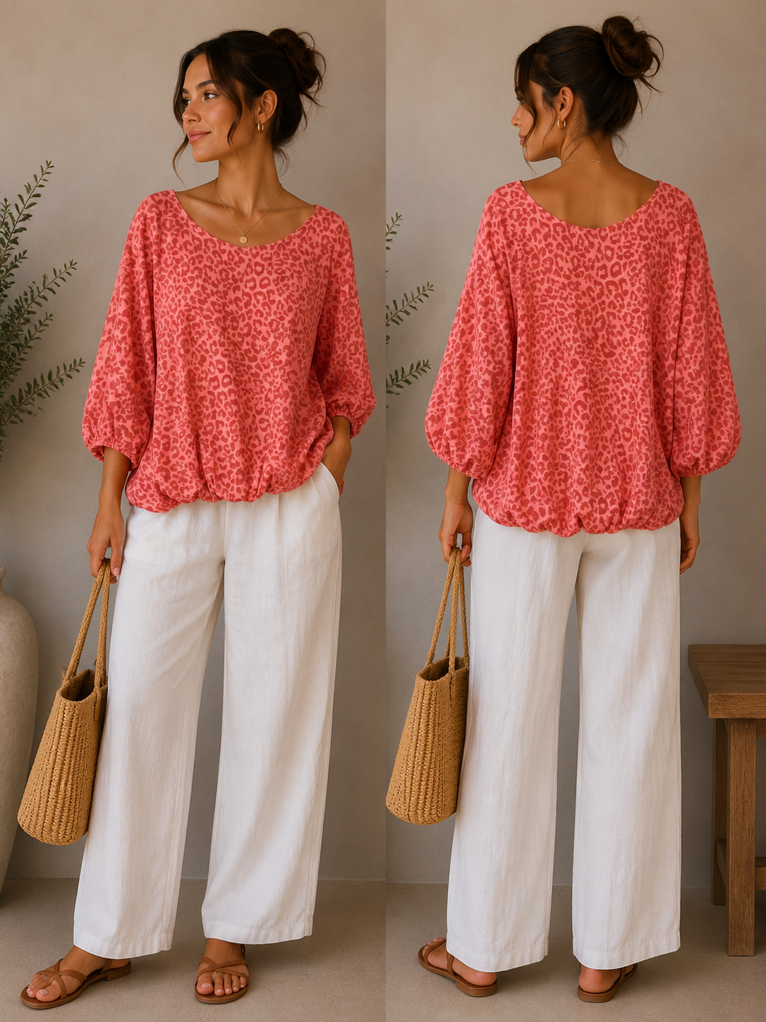 Leopard Print Balloon Sleeve Bubble Hem Top