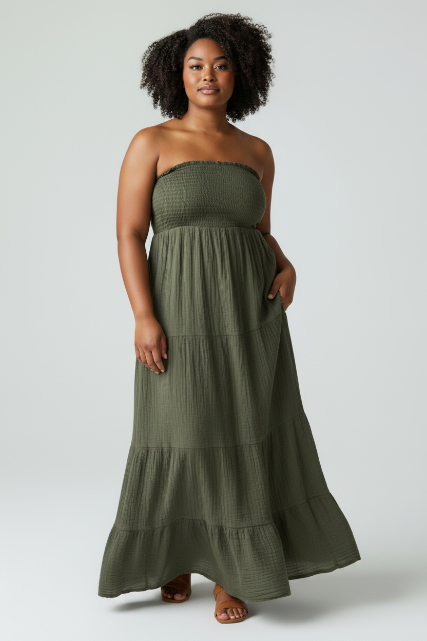 Shirred Bandeau Cheesecloth Maxi Dress