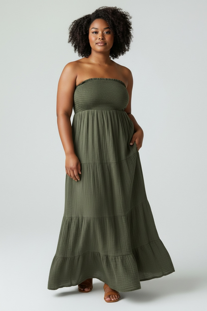 Shirred Bandeau Cheesecloth Maxi Dress