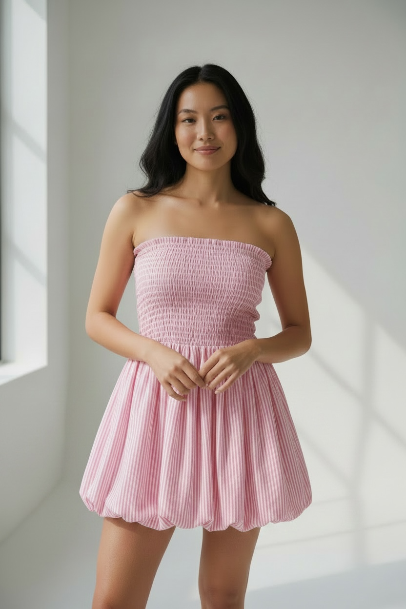 Shirred Bubble Hem Mini Dress