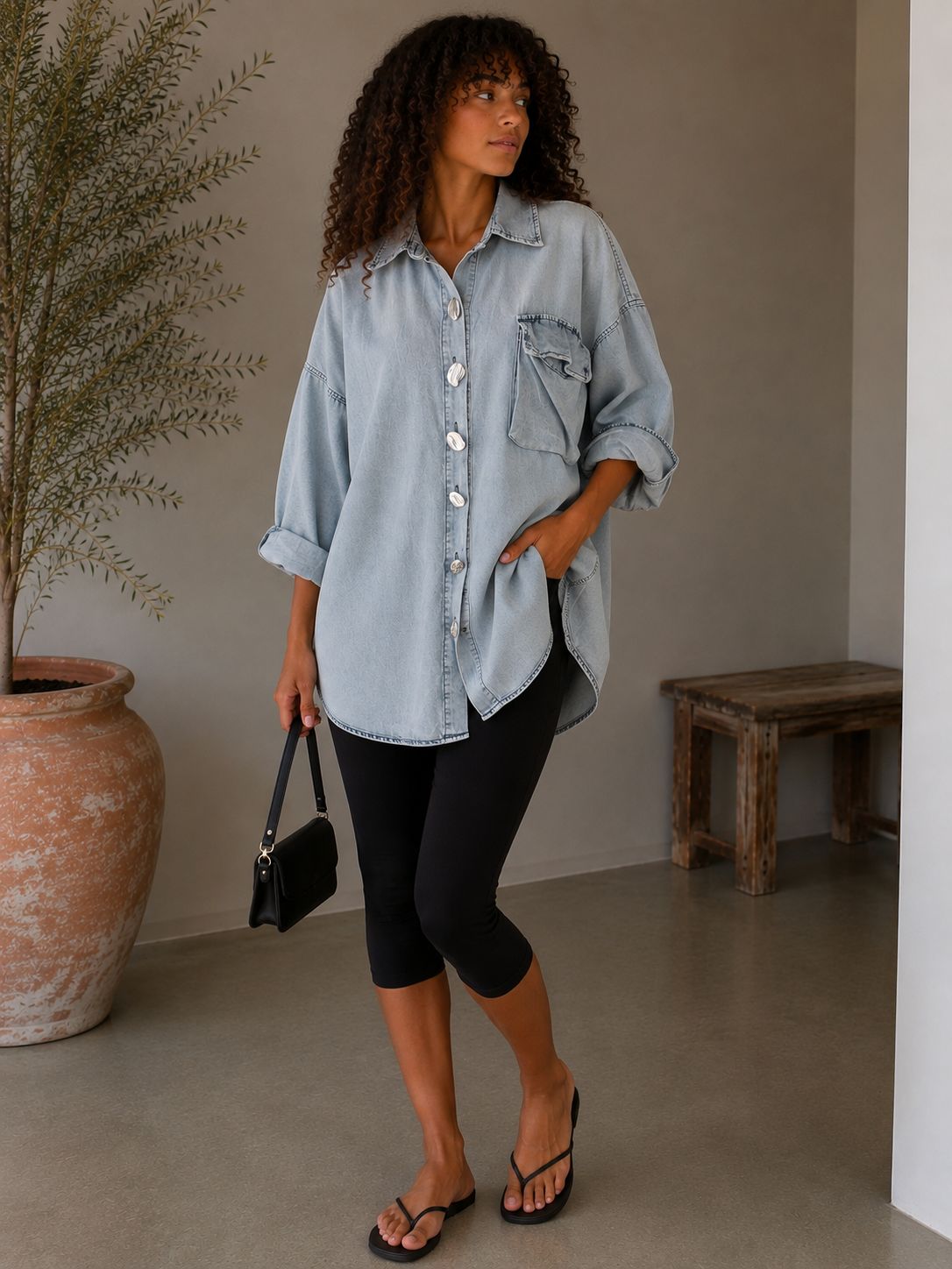 Oversized Tencel Denim Shirt with Silver Sculptural Buttons | HerEdits