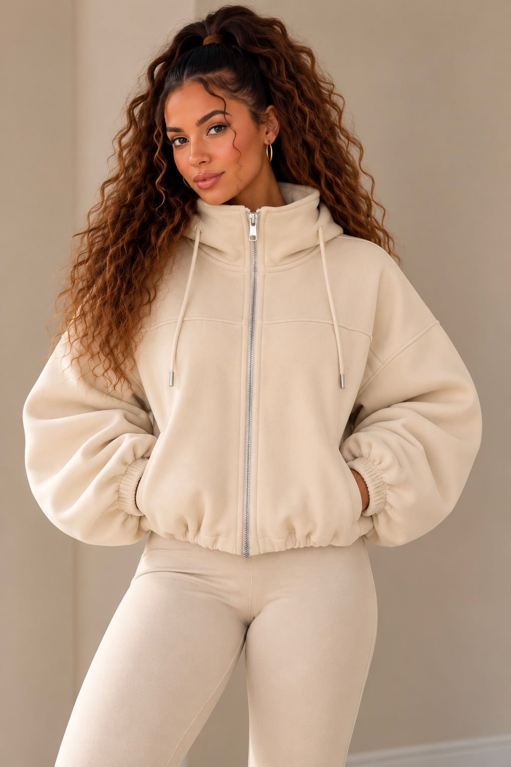 Women's Bubble Hem Zip-Up Jacket Hoodie
