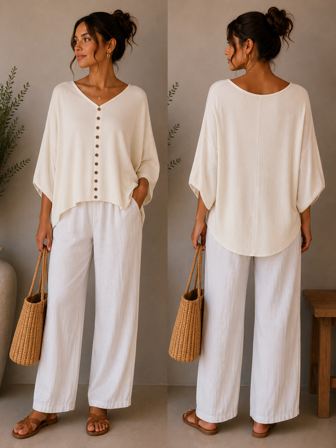 Soft Batwing Button Detail Top