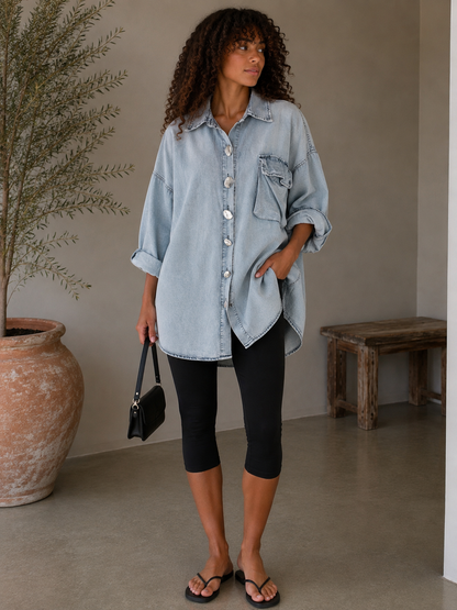 Oversized Tencel Denim Shirt with Silver Sculptural Buttons | HerEdits
