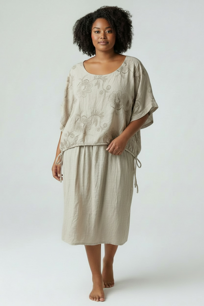 Floral Embroidered Layered Midi Dress – Adjustable Tie Waist