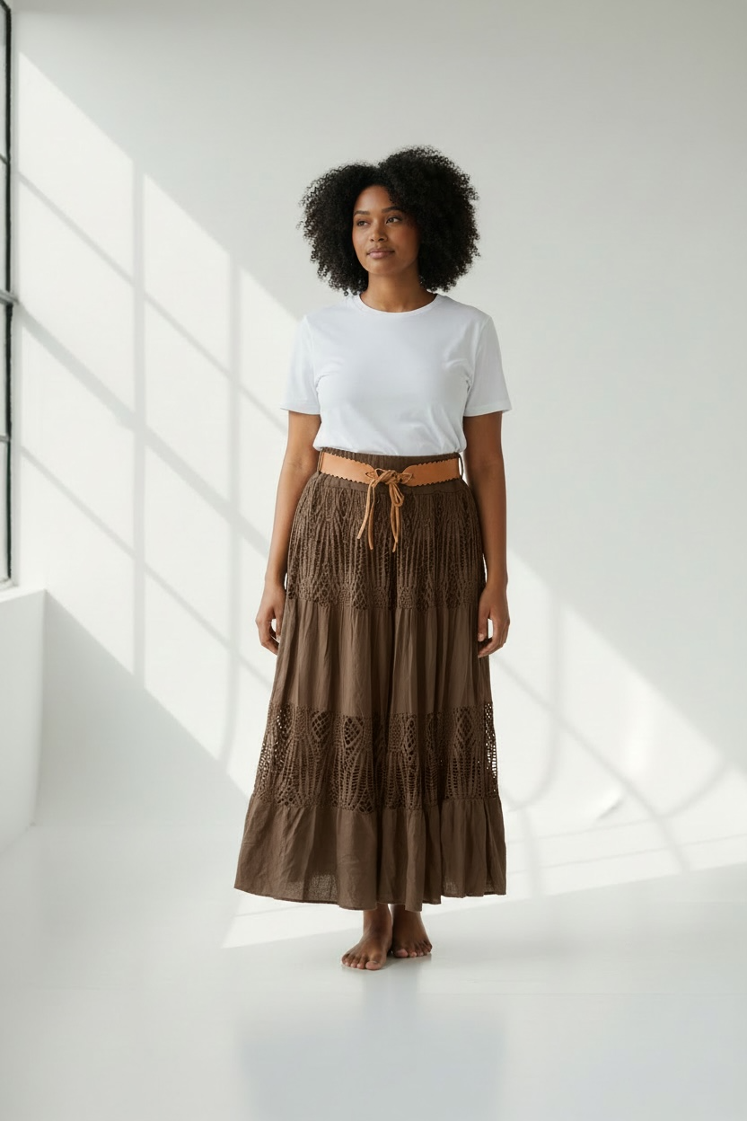 Crochet Panel Boho Midi Skirt