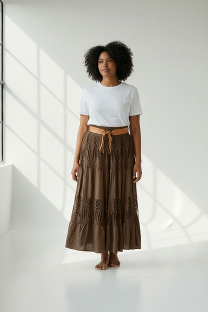 Crochet Panel Boho Midi Skirt