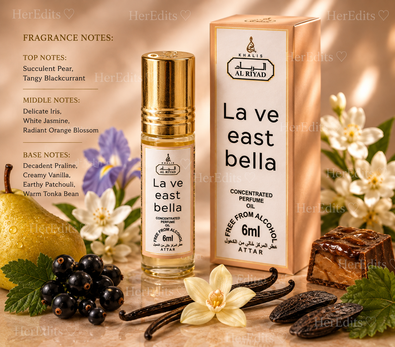 Khalis Al Riyad La Ve East Bella 6ml concentrated perfume oil with matching box, styled with pear, blackcurrant, iris, jasmine, vanilla, praline and tonka bean accents on a warm blush background.
