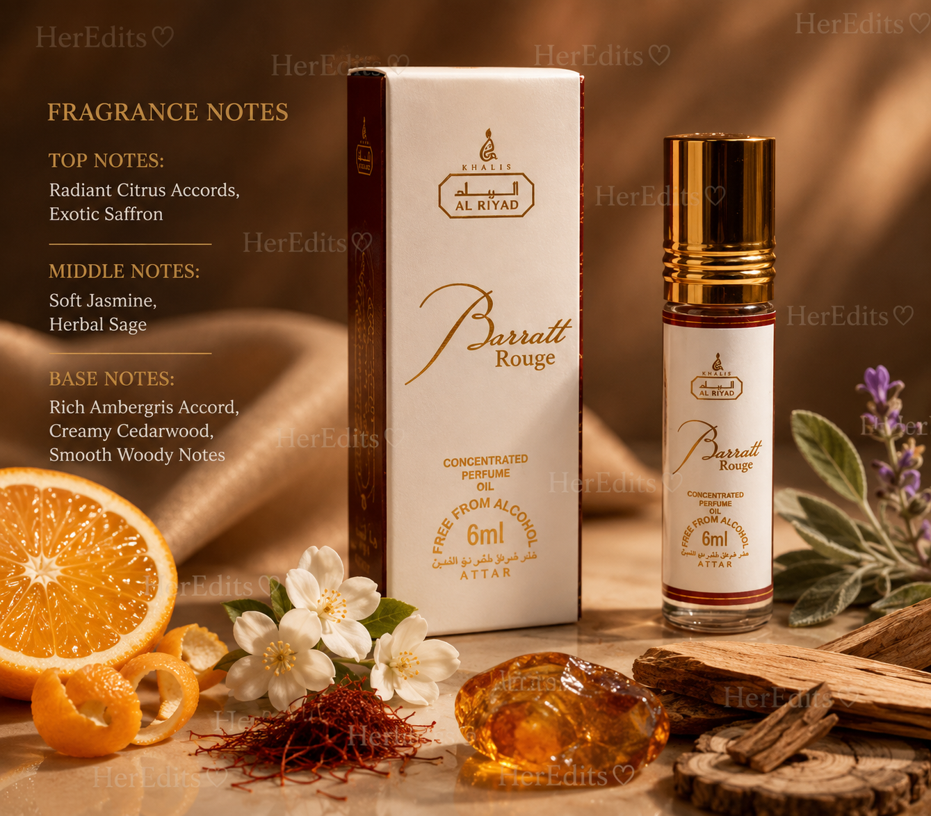 Al Riyad Barratt Rouge concentrated perfume oil bottle and its box, styled with citrus slices, saffron, and wood on a warm brown background with fragrance notes text on the left.