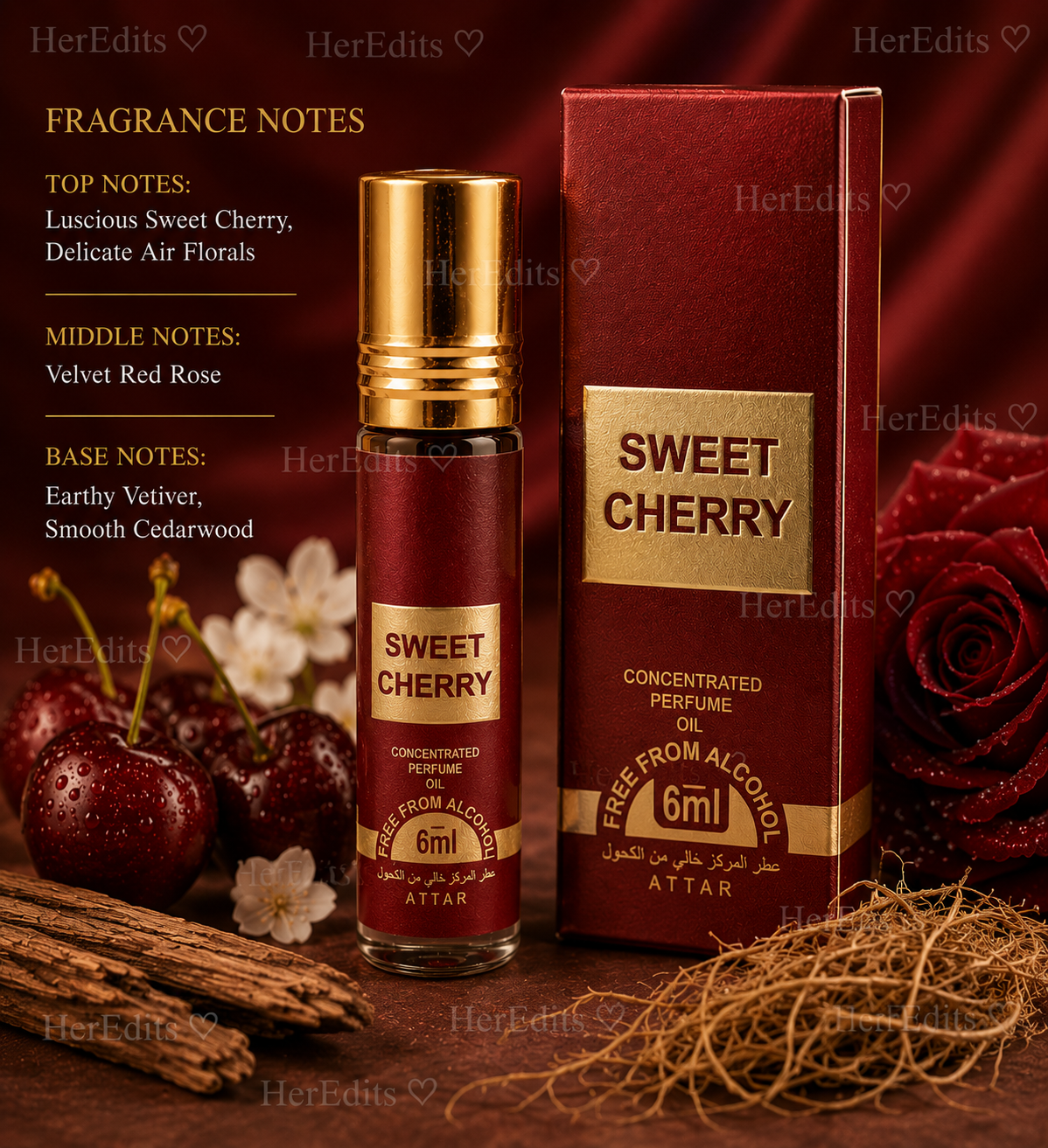 A 6ml bottle of Sweet Cherry concentrated perfume oil with a gold cap next to its matching red and gold box, styled with cherries, rose petals, and cinnamon sticks on a dark wooden surface. Text on the left lists fragrance notes.