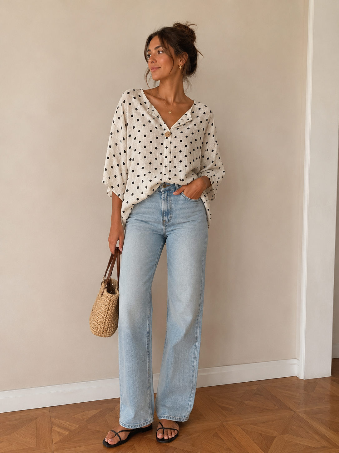 Polka Dot Button Front Top