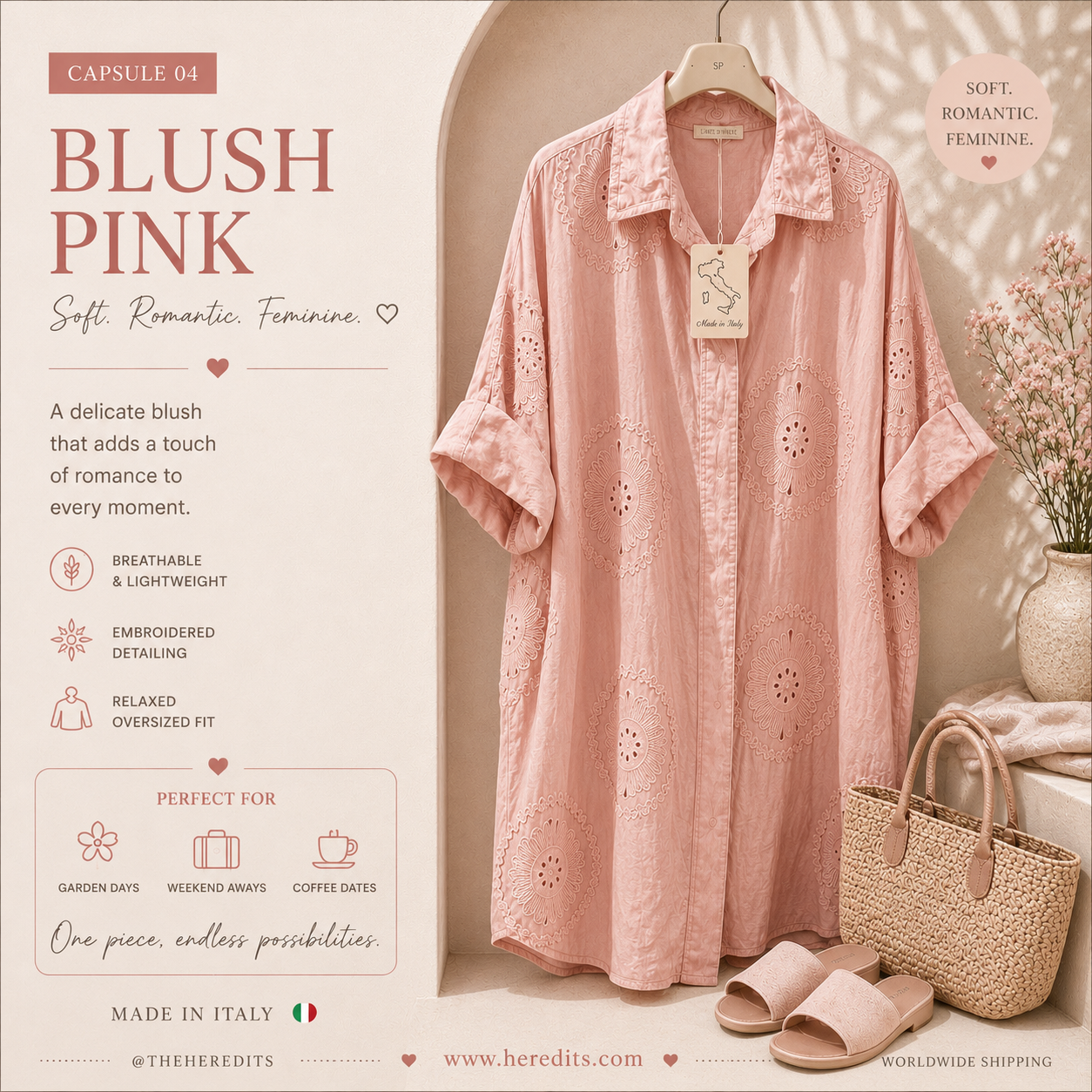 Pink dress with embroidered details on a hanger, accompanied by a straw bag and sandals, against a neutral background.