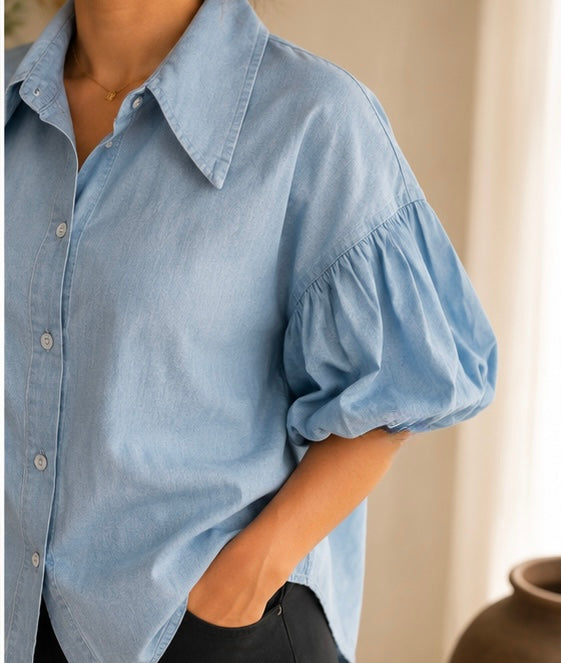 Puff Sleeve Denim Blouse | HerEdits