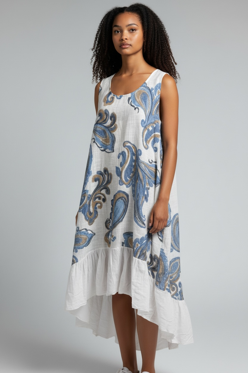 Paisley Print Cotton High-Low Midi Dress
