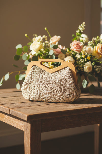 Artisan Crochet Wooden Handle Clutch Bag