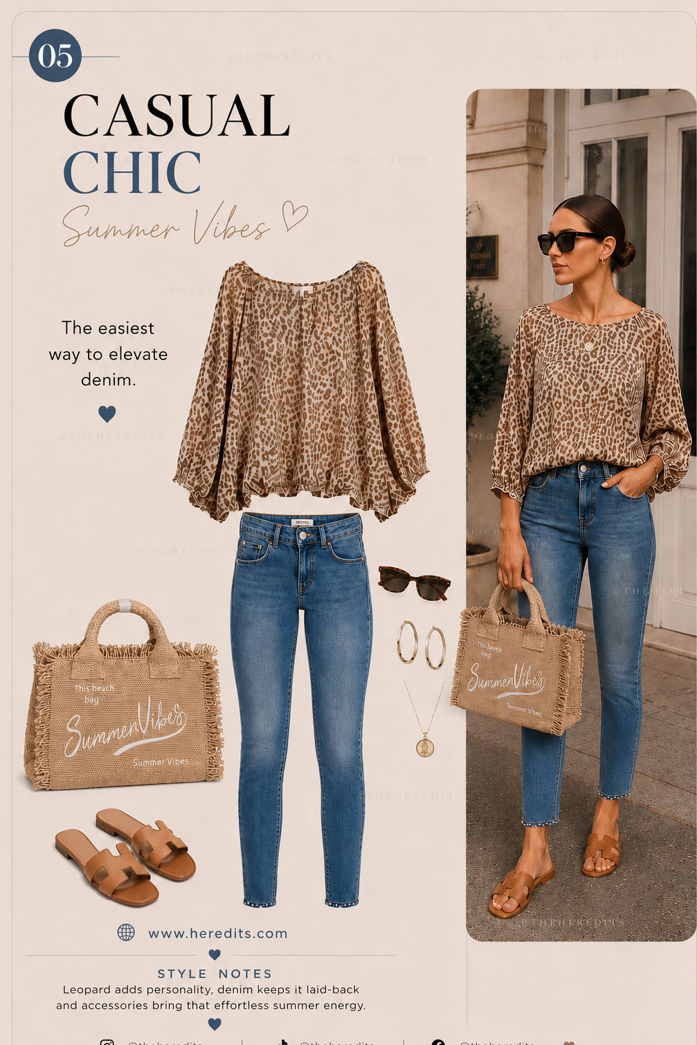 Woman wearing a leopard print top and blue jeans with a handbag, styled for casual chic summer vibes.