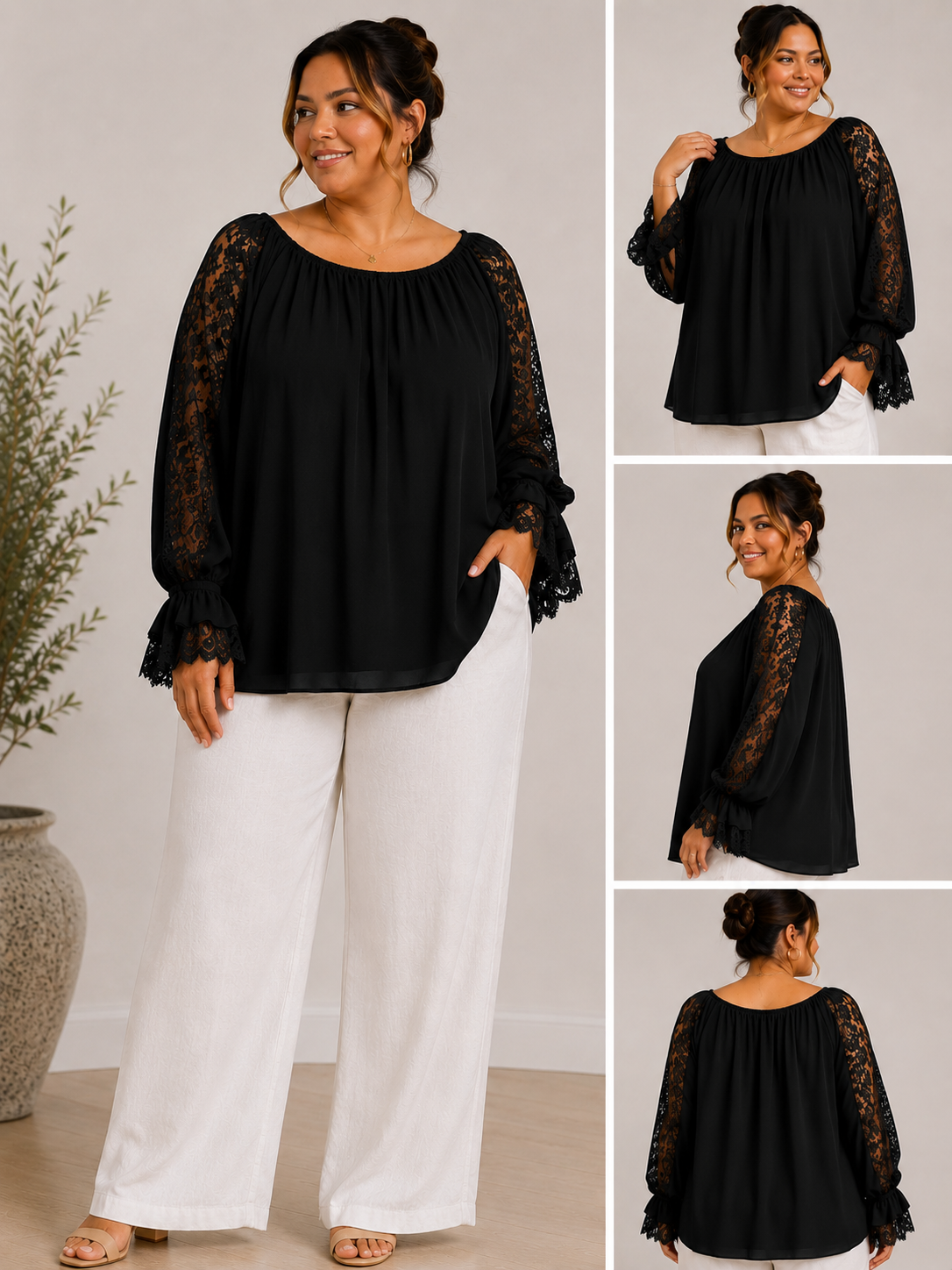 Woman wearing a black blouse with lace sleeves and white pants, shown from multiple angles.