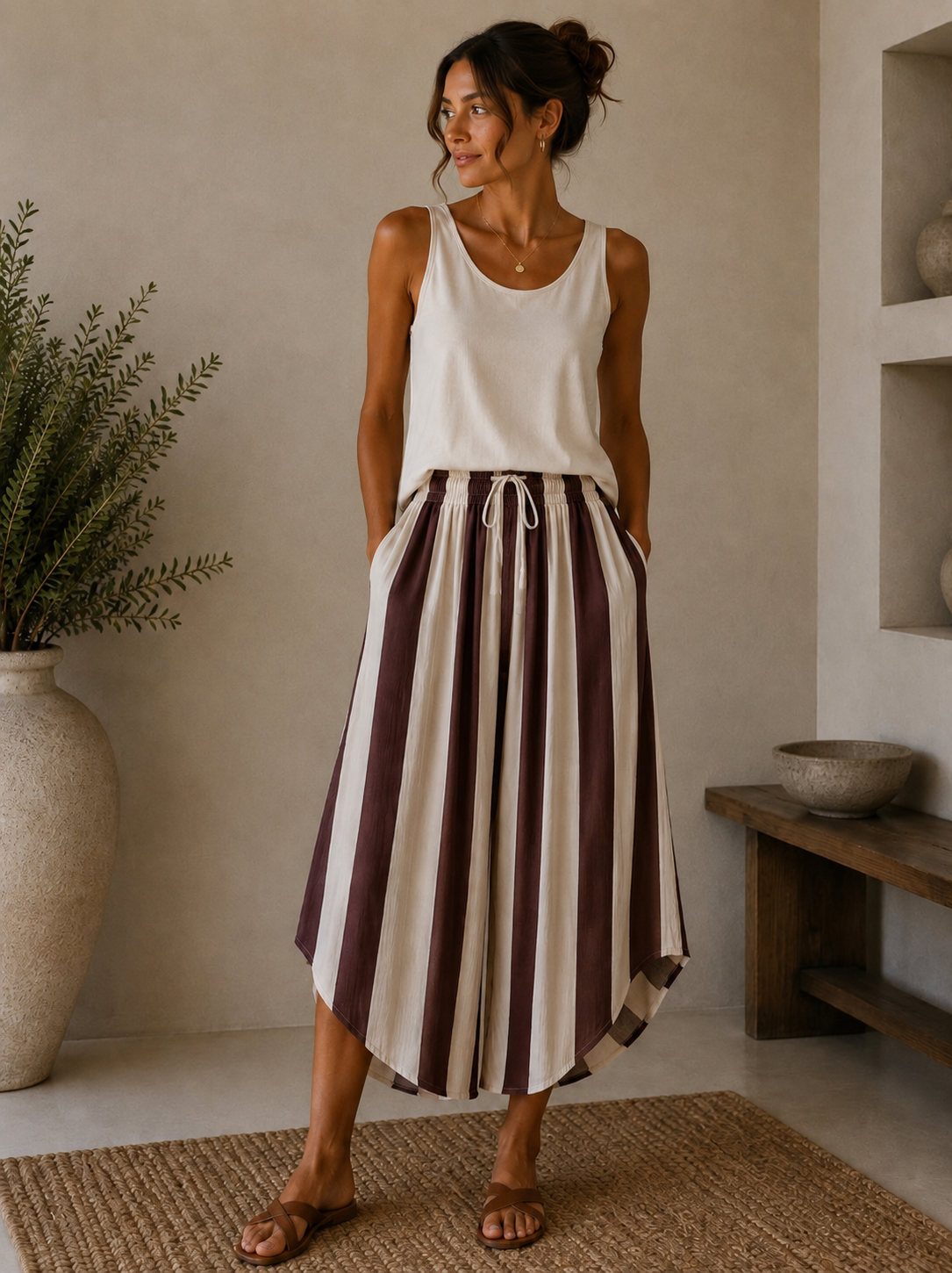 Wide Leg Stripe Tulip Hem Trousers
