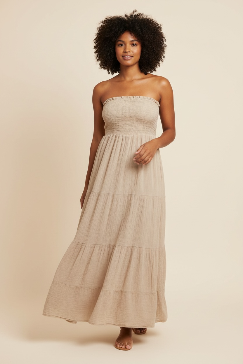 Shirred Bandeau Cheesecloth Maxi Dress