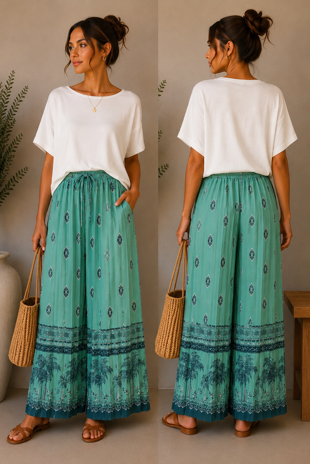 Boho Pleated Palazzo Trousers