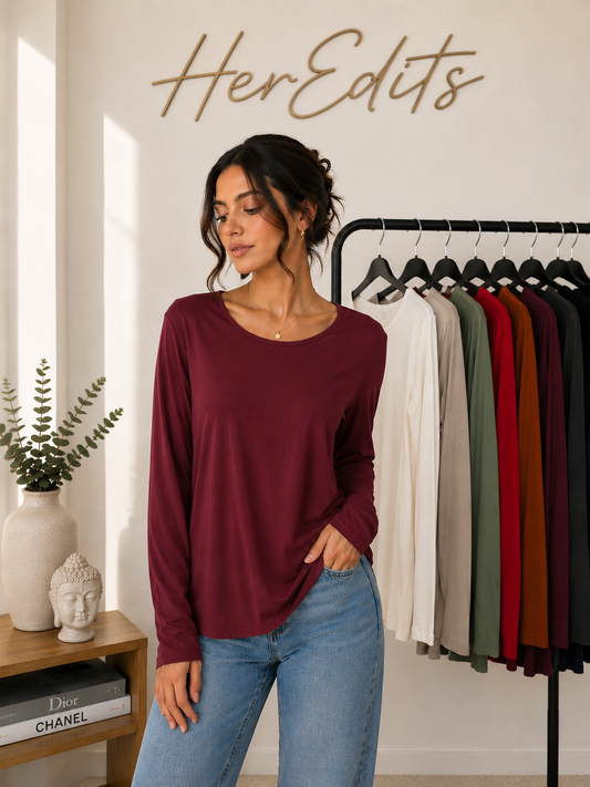 Double Lined Scoop Neck Long Sleeve Top | HerEdits - HerEdits