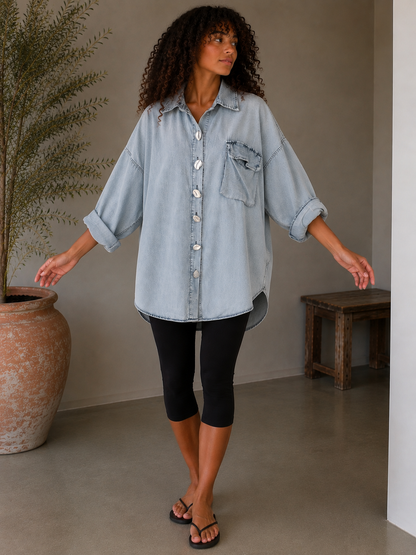 Oversized Tencel Denim Shirt with Silver Sculptural Buttons | HerEdits