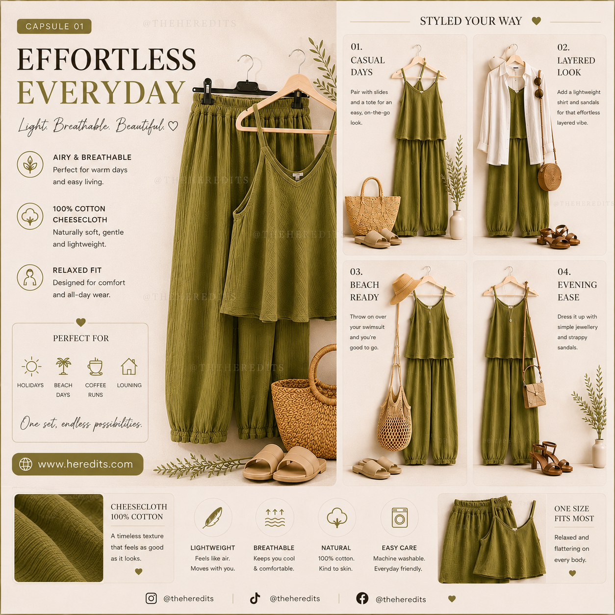 Lime Green Co-ord outfit with accessories on a white background, featuring text about the clothing's features.