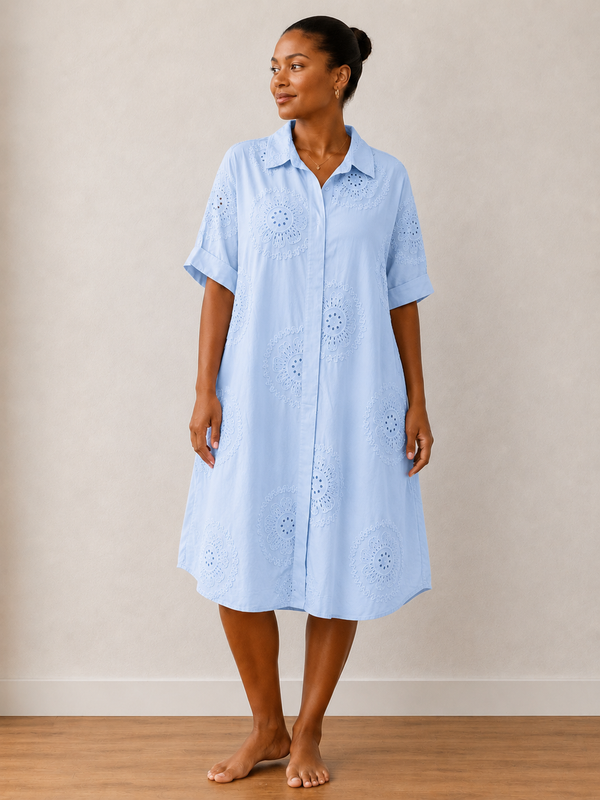 Embroidered Cotton Shirt Dress Longlined Womens