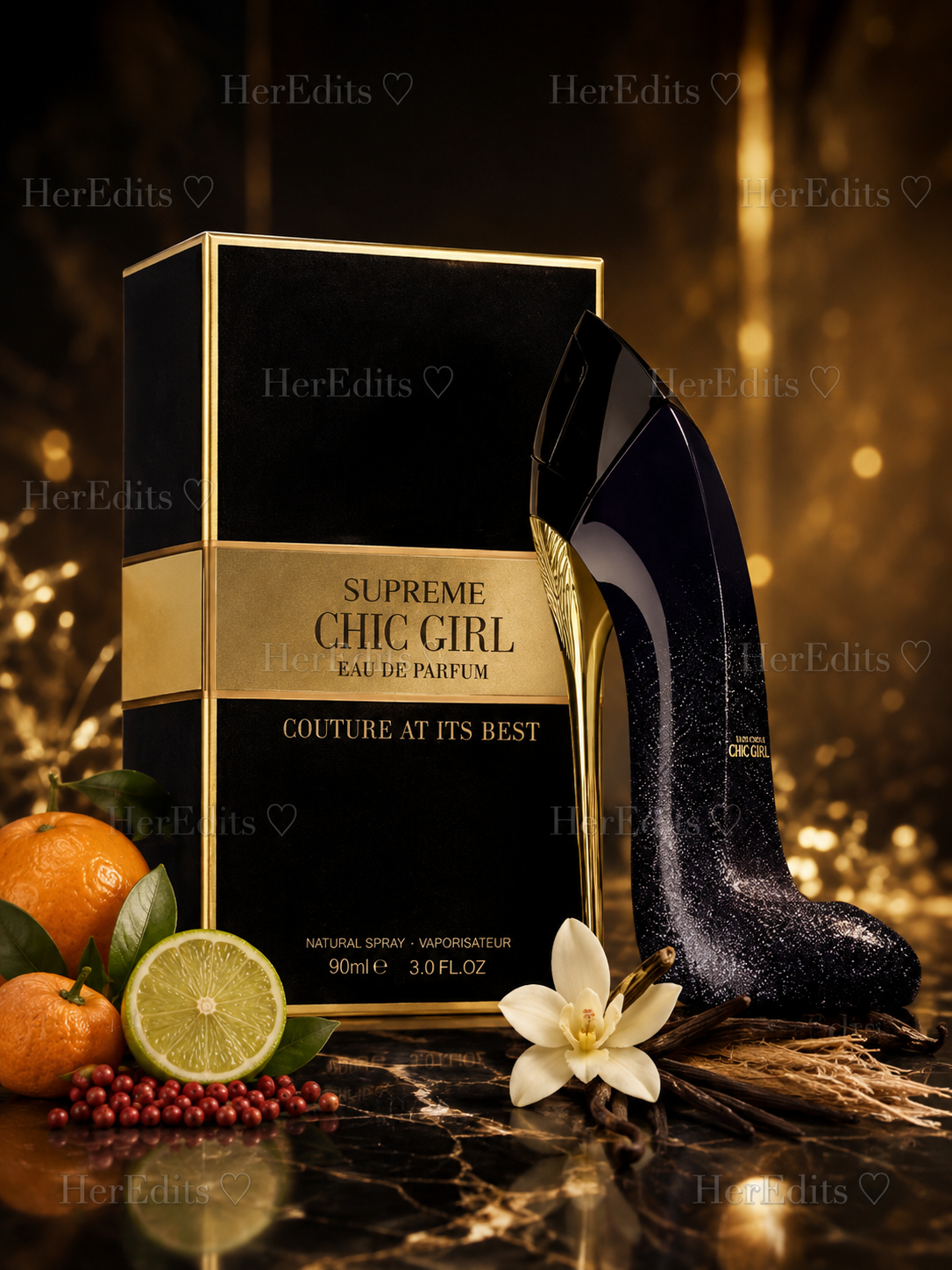 Supreme Chic Girl 90ml Eau de Parfum in a black glitter stiletto-shaped bottle with matching black and gold box, styled with citrus, vanilla and floral accents.